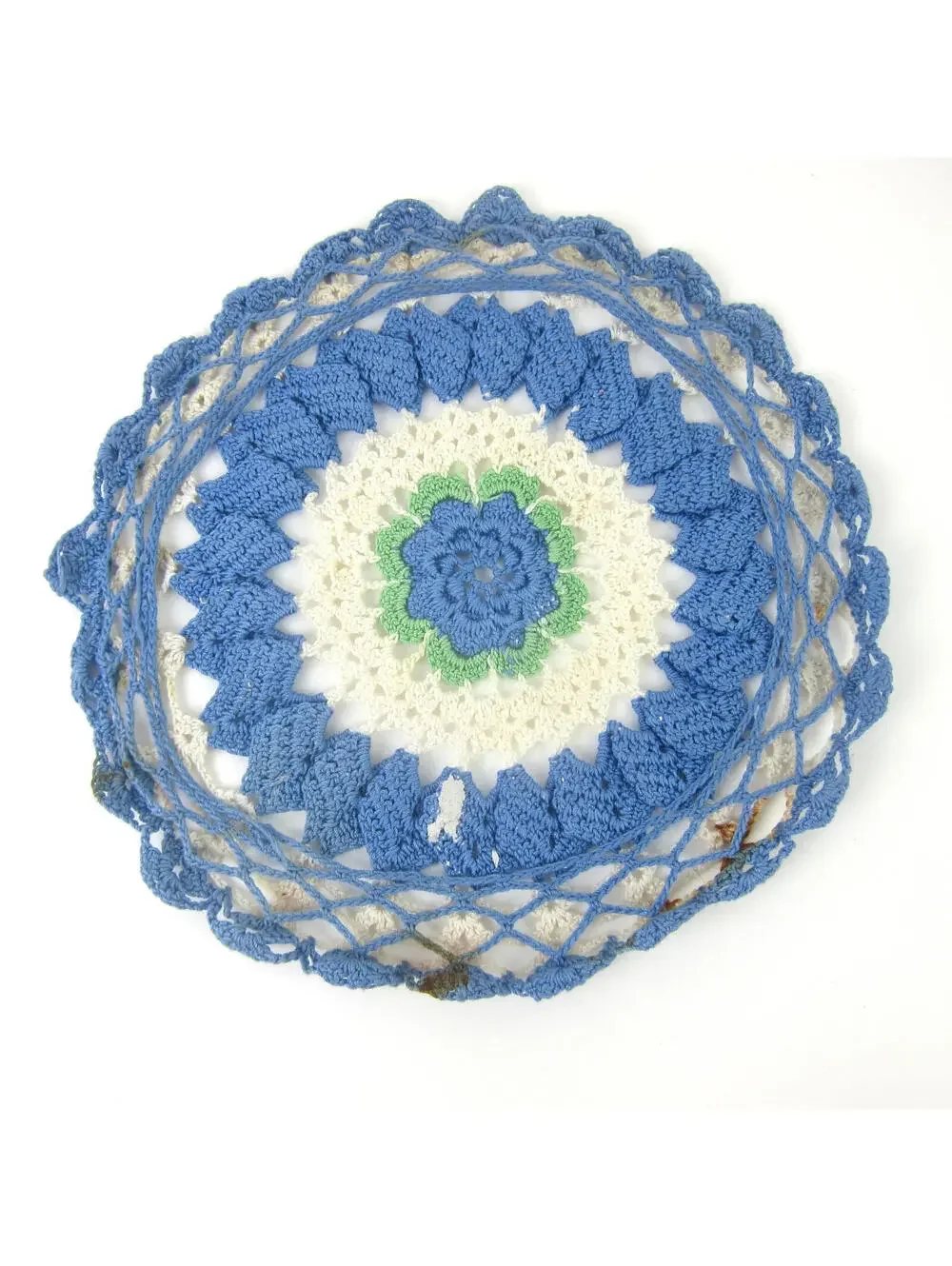 Vintage Rose Hot Plate Doily Blue Flower Cream Green 9.5